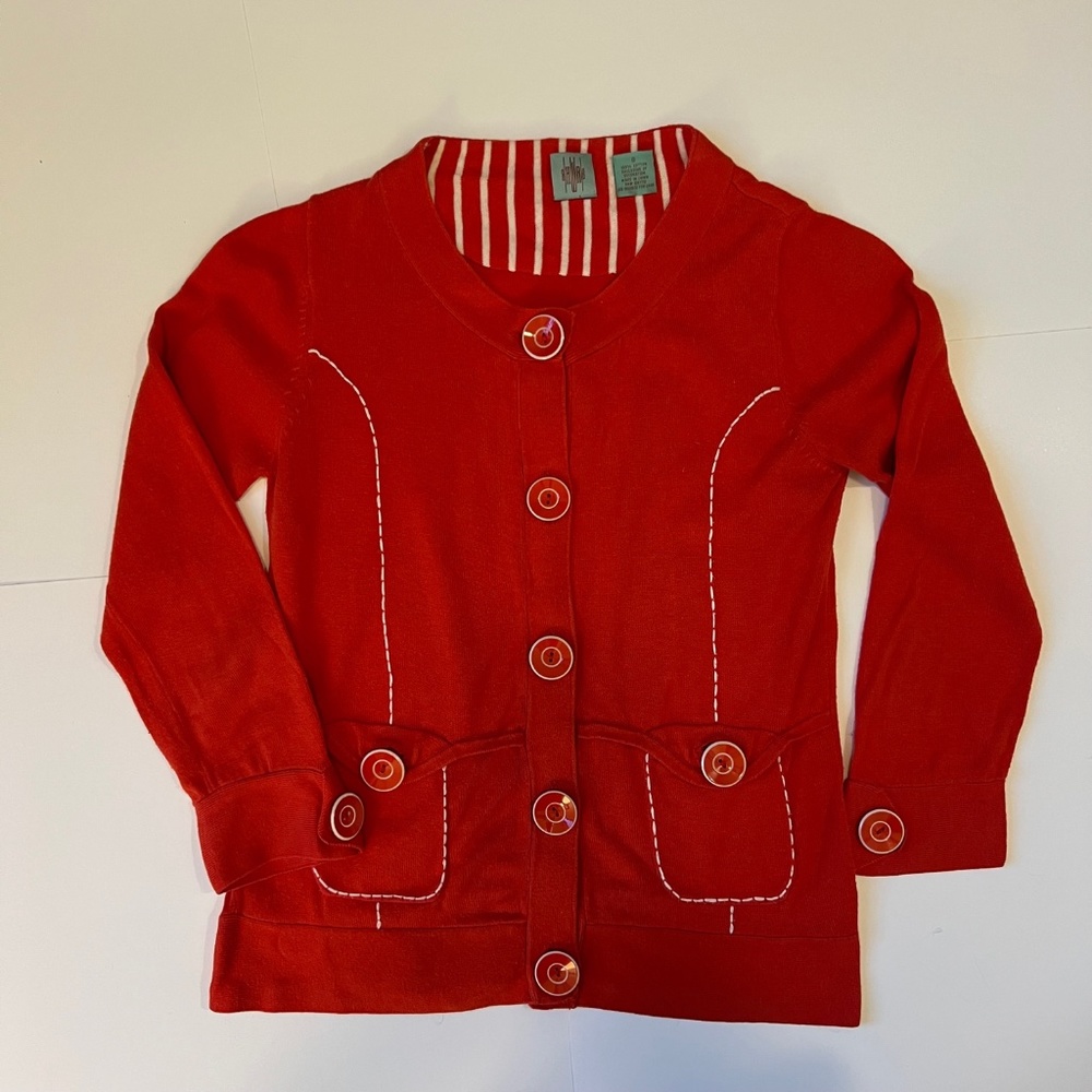 Unique red vintagey top with oversized statement buttons and contrast stitching